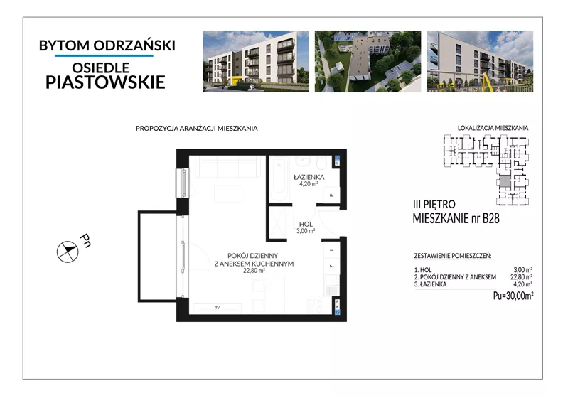 1 pokój, mieszkanie 30,00 m², piętro 3, oferta nr B28, Osiedle Piastowskie, Bytom Odrzański, ul. Witosa