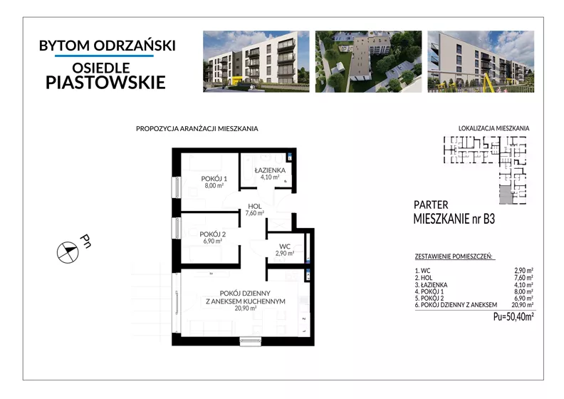 3 pokoje, mieszkanie 50,40 m², parter, oferta nr B3, Osiedle Piastowskie, Bytom Odrzański, ul. Witosa