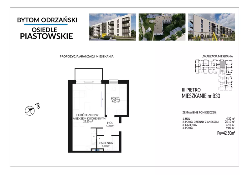 2 pokoje, mieszkanie 42,50 m², piętro 3, oferta nr B30, Osiedle Piastowskie, Bytom Odrzański, ul. Witosa