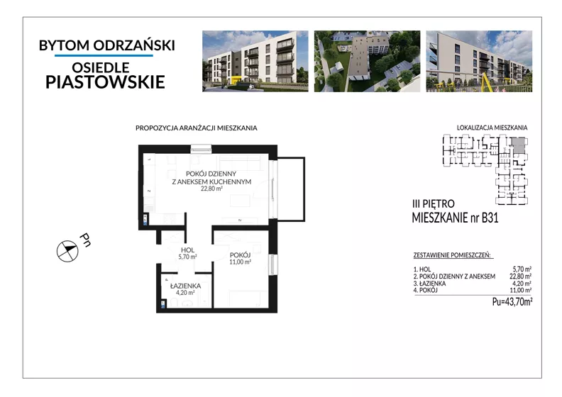 2 pokoje, mieszkanie 43,70 m², piętro 3, oferta nr B31, Osiedle Piastowskie, Bytom Odrzański, ul. Witosa