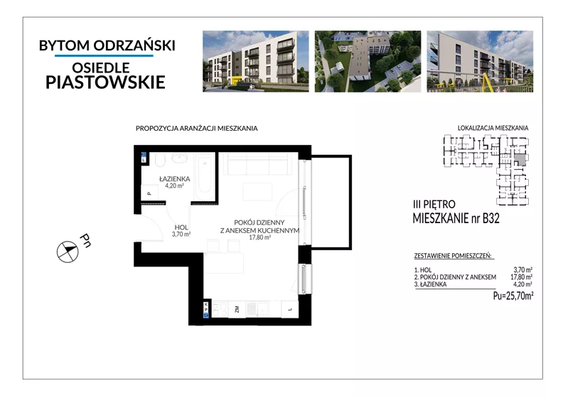 1 pokój, mieszkanie 25,50 m², piętro 3, oferta nr B32, Osiedle Piastowskie, Bytom Odrzański, ul. Witosa