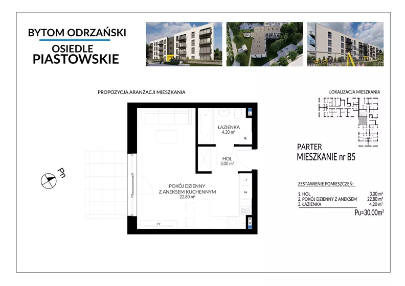 1 pokój, mieszkanie 30,00 m², parter, oferta nr B5, Osiedle Piastowskie, Bytom Odrzański, ul. Witosa