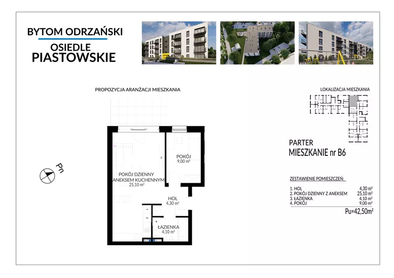 2 pokoje, mieszkanie 42,50 m², parter, oferta nr B6, Osiedle Piastowskie, Bytom Odrzański, ul. Witosa