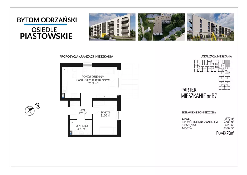 2 pokoje, mieszkanie 43,70 m², parter, oferta nr B7, Osiedle Piastowskie, Bytom Odrzański, ul. Witosa