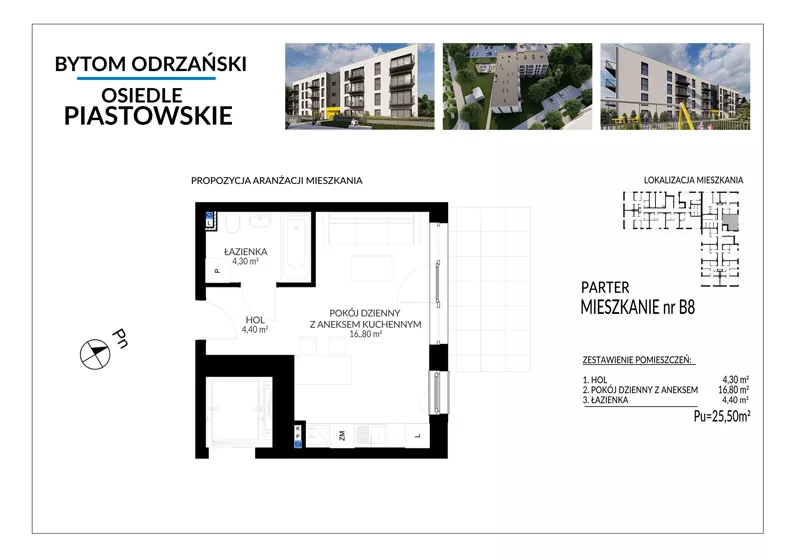 1 pokój, mieszkanie 25,50 m², parter, oferta nr B8, Osiedle Piastowskie, Bytom Odrzański, ul. Witosa