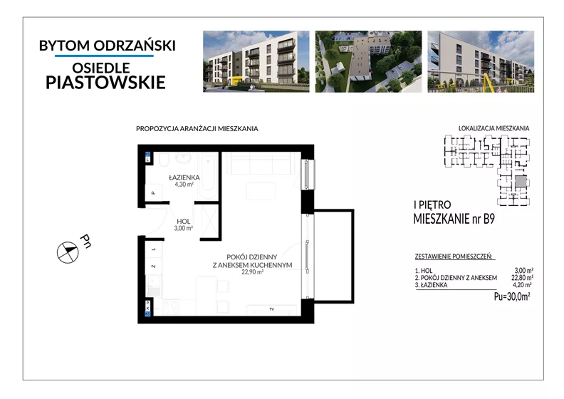 1 pokój, mieszkanie 30,00 m², piętro 1, oferta nr B9, Osiedle Piastowskie, Bytom Odrzański, ul. Witosa