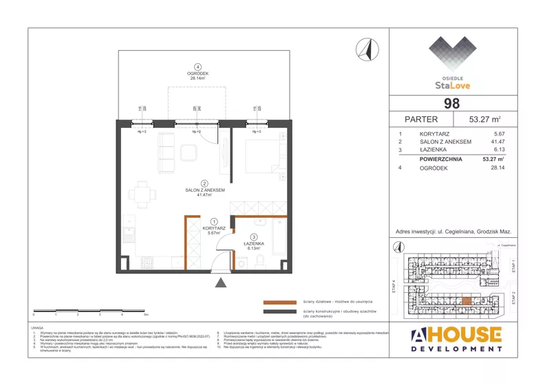 1 pokój, mieszkanie 53,27 m², parter, oferta nr M98, Osiedle StaLove Etap III, Grodzisk Mazowiecki, ul. Cegielniana 3