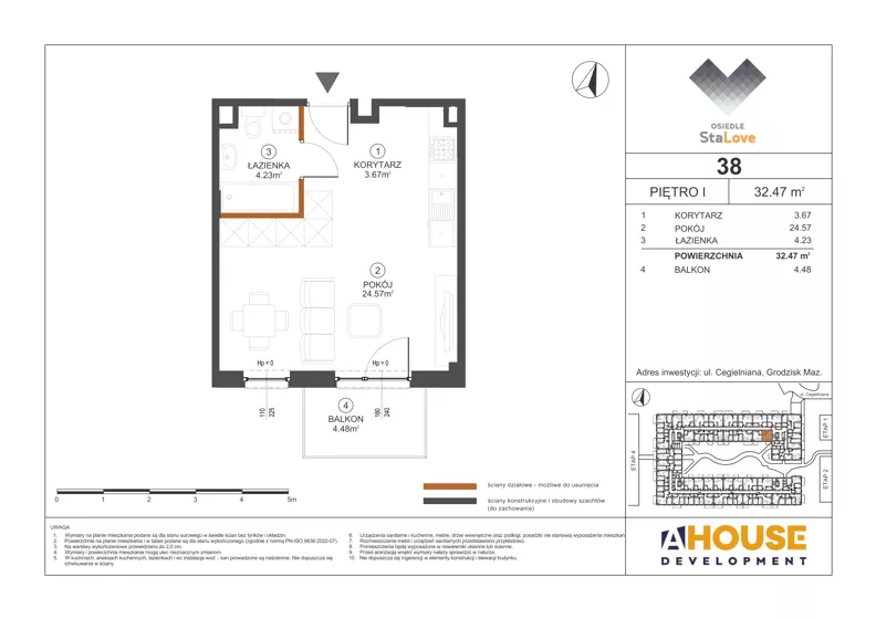 1 pokój, mieszkanie 32,47 m², piętro 1, oferta nr M38, Osiedle StaLove Etap III, Grodzisk Mazowiecki, ul. Cegielniana 3