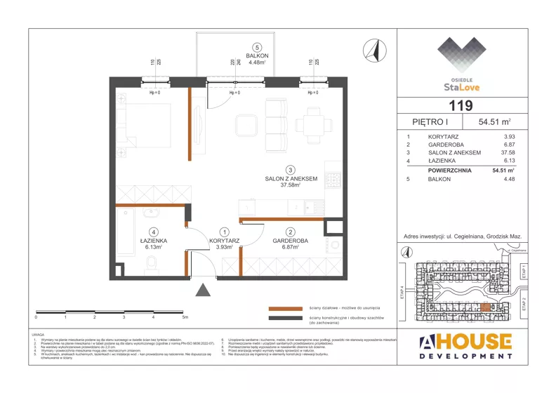 1 pokój, mieszkanie 54,51 m², piętro 1, oferta nr M119, Osiedle StaLove Etap III, Grodzisk Mazowiecki, ul. Cegielniana 3