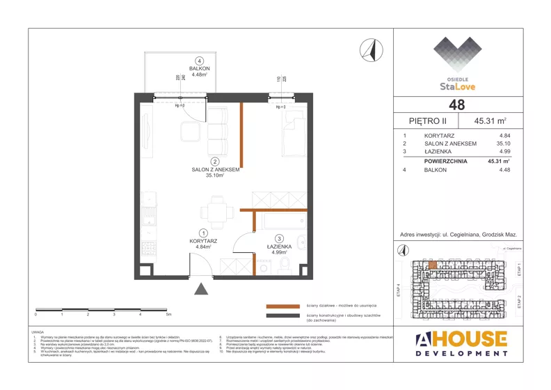 1 pokój, mieszkanie 45,31 m², piętro 2, oferta nr M48, Osiedle StaLove Etap III, Grodzisk Mazowiecki, ul. Cegielniana 3
