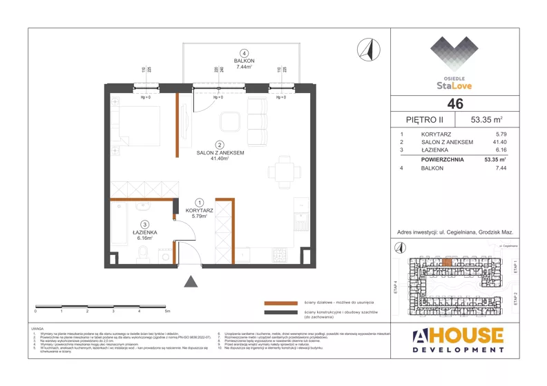 1 pokój, mieszkanie 53,35 m², piętro 2, oferta nr M46, Osiedle StaLove Etap III, Grodzisk Mazowiecki, ul. Cegielniana 3