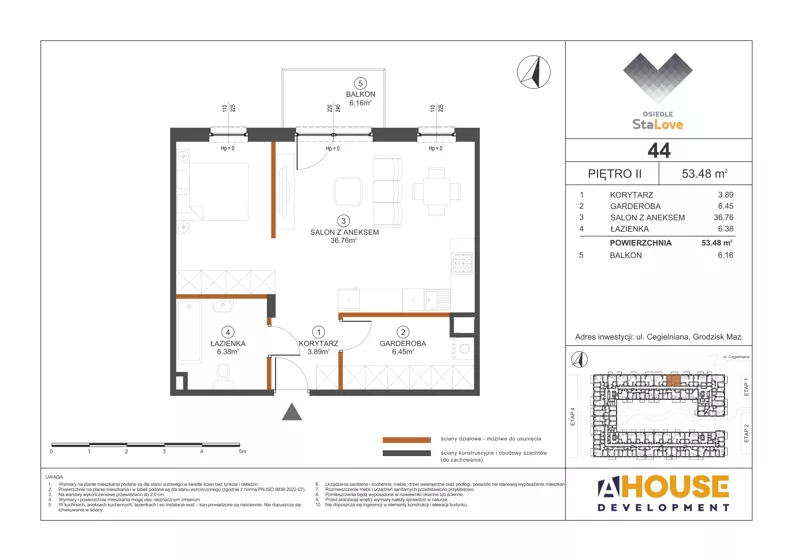 1 pokój, mieszkanie 53,48 m², piętro 2, oferta nr M44, Osiedle StaLove Etap III, Grodzisk Mazowiecki, ul. Cegielniana 3