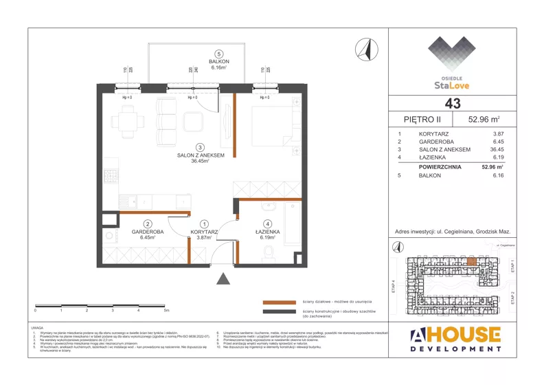 1 pokój, mieszkanie 52,96 m², piętro 2, oferta nr M43, Osiedle StaLove Etap III, Grodzisk Mazowiecki, ul. Cegielniana 3