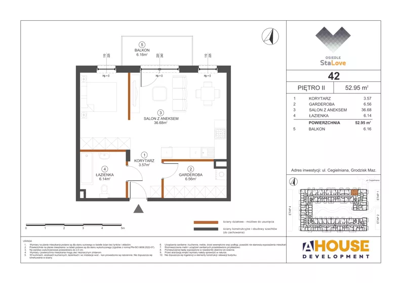 1 pokój, mieszkanie 52,95 m², piętro 2, oferta nr M42, Osiedle StaLove Etap III, Grodzisk Mazowiecki, ul. Cegielniana 3
