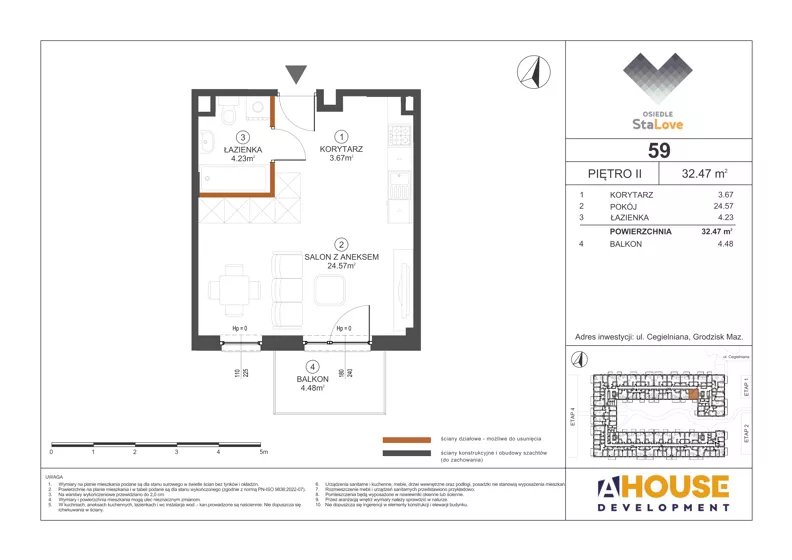 1 pokój, mieszkanie 32,47 m², piętro 2, oferta nr M59, Osiedle StaLove Etap III, Grodzisk Mazowiecki, ul. Cegielniana 3