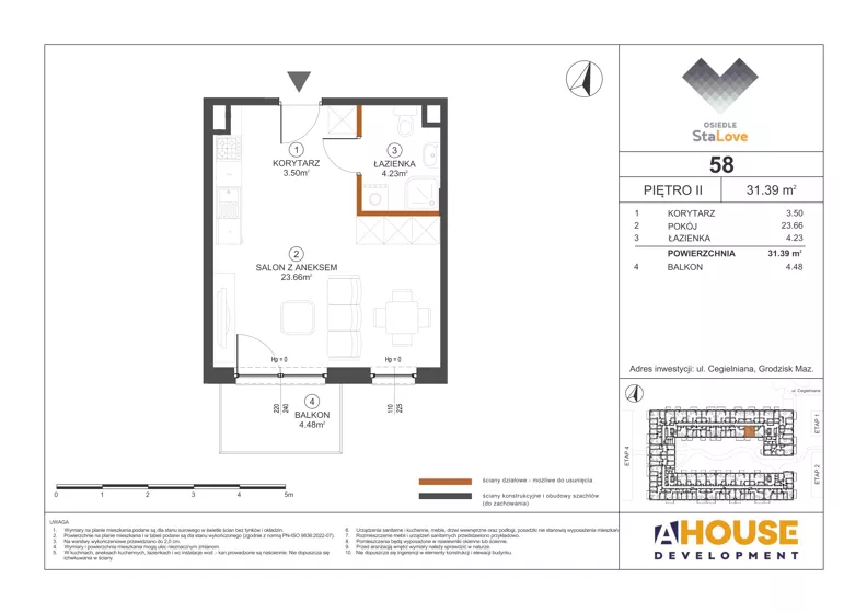 1 pokój, mieszkanie 31,39 m², piętro 2, oferta nr M58, Osiedle StaLove Etap III, Grodzisk Mazowiecki, ul. Cegielniana 3