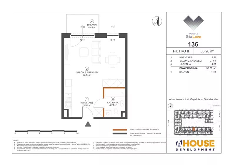 1 pokój, mieszkanie 35,26 m², piętro 2, oferta nr M136, Osiedle StaLove Etap III, Grodzisk Mazowiecki, ul. Cegielniana 3