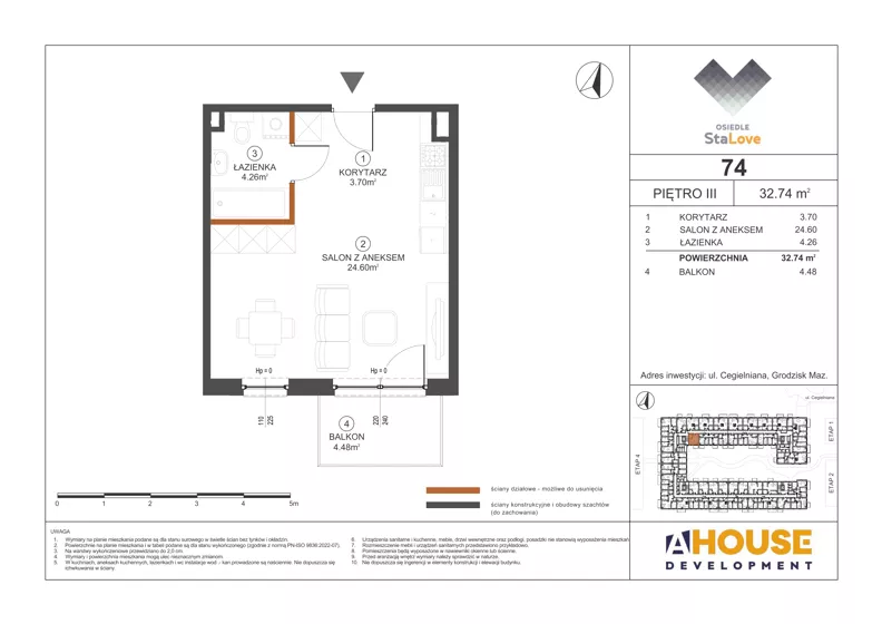 1 pokój, mieszkanie 32,74 m², piętro 3, oferta nr M74, Osiedle StaLove Etap III, Grodzisk Mazowiecki, ul. Cegielniana 3