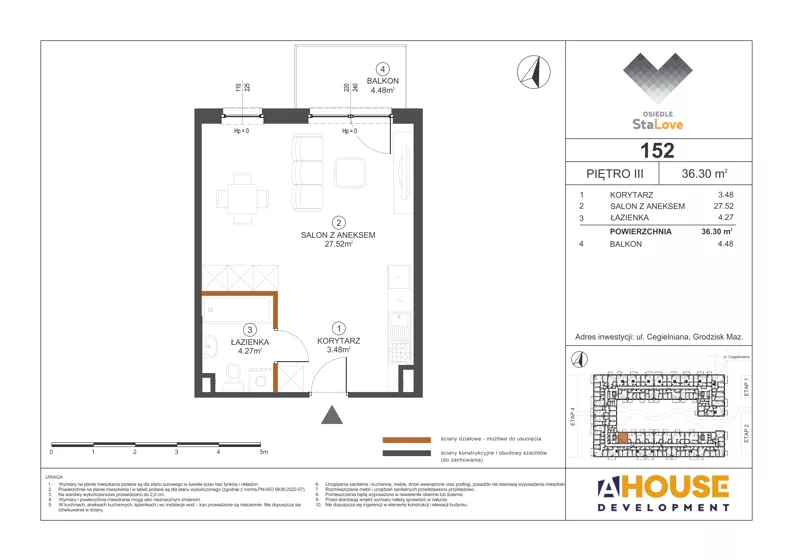 1 pokój, mieszkanie 36,30 m², piętro 3, oferta nr M152, Osiedle StaLove Etap III, Grodzisk Mazowiecki, ul. Cegielniana 3