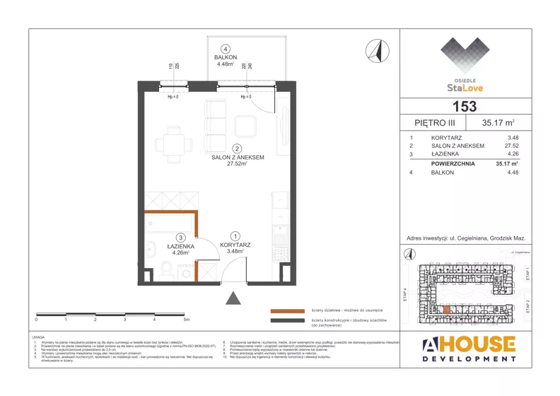1 pokój, mieszkanie 35,17 m², piętro 3, oferta nr M153, Osiedle StaLove Etap III, Grodzisk Mazowiecki, ul. Cegielniana 3