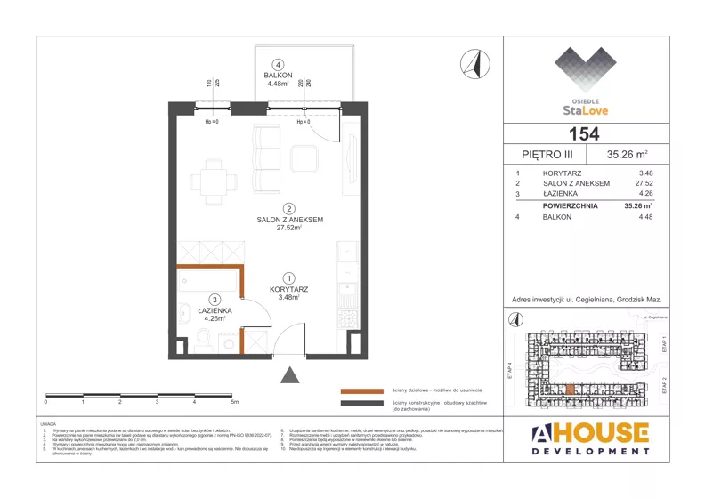 1 pokój, mieszkanie 35,26 m², piętro 3, oferta nr M154, Osiedle StaLove Etap III, Grodzisk Mazowiecki, ul. Cegielniana 3