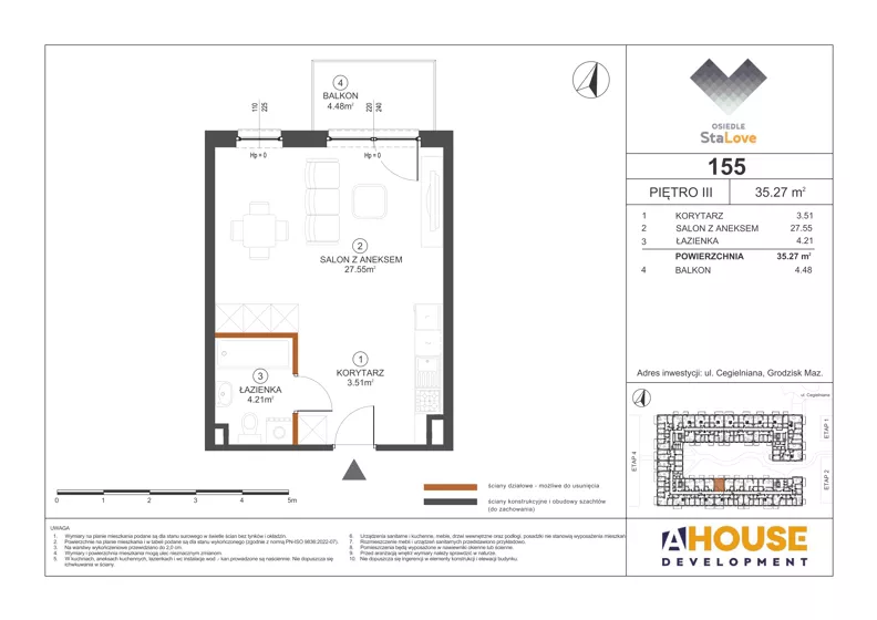 1 pokój, mieszkanie 35,27 m², piętro 3, oferta nr M155, Osiedle StaLove Etap III, Grodzisk Mazowiecki, ul. Cegielniana 3