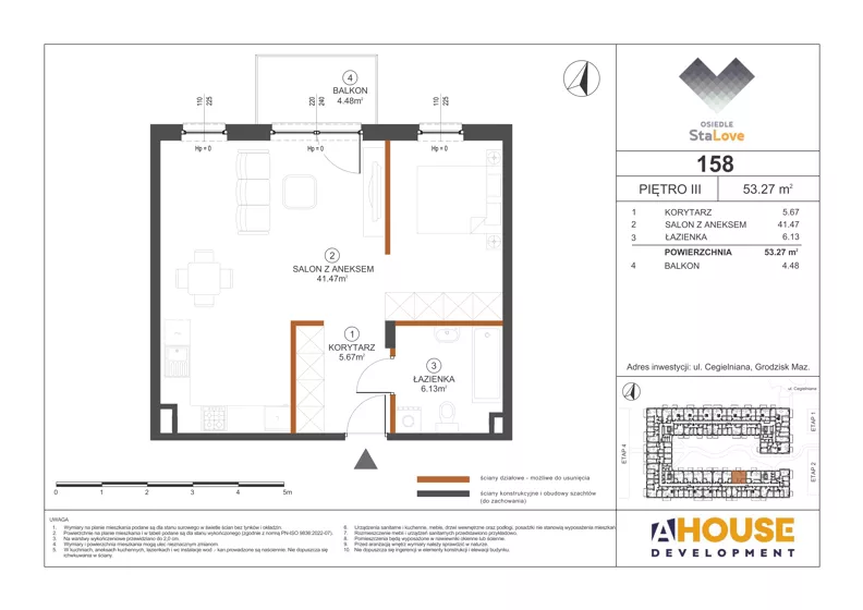1 pokój, mieszkanie 53,27 m², piętro 3, oferta nr M158, Osiedle StaLove Etap III, Grodzisk Mazowiecki, ul. Cegielniana 3