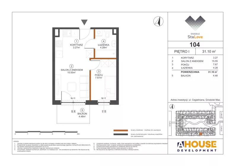 2 pokoje, mieszkanie 31,10 m², piętro 1, oferta nr M104, Osiedle StaLove Etap III, Grodzisk Mazowiecki, ul. Cegielniana 3