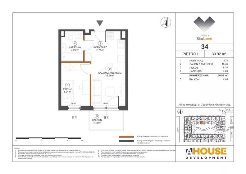 2 pokoje, mieszkanie 30,92 m², piętro 1, oferta nr M34, Osiedle StaLove Etap III, Grodzisk Mazowiecki, ul. Cegielniana 3