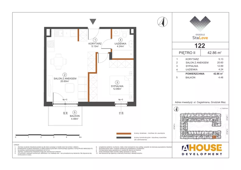 2 pokoje, mieszkanie 42,86 m², piętro 2, oferta nr M122, Osiedle StaLove Etap III, Grodzisk Mazowiecki, ul. Cegielniana 3