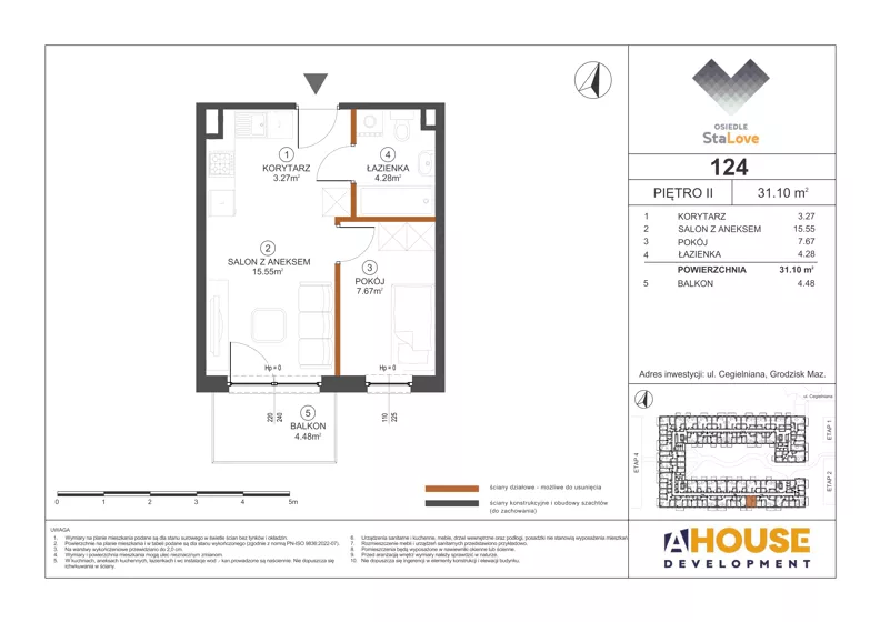 2 pokoje, mieszkanie 31,10 m², piętro 2, oferta nr M124, Osiedle StaLove Etap III, Grodzisk Mazowiecki, ul. Cegielniana 3