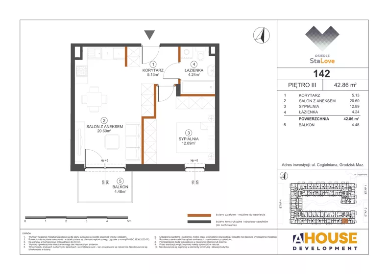 2 pokoje, mieszkanie 42,86 m², piętro 3, oferta nr M142, Osiedle StaLove Etap III, Grodzisk Mazowiecki, ul. Cegielniana 3