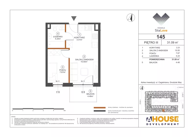 2 pokoje, mieszkanie 31,09 m², piętro 3, oferta nr M145, Osiedle StaLove Etap III, Grodzisk Mazowiecki, ul. Cegielniana 3