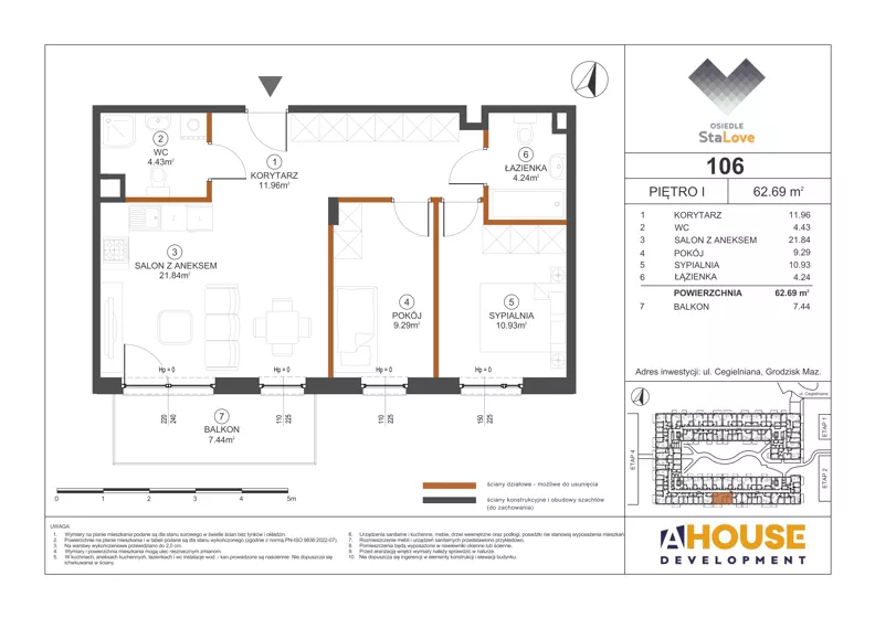 3 pokoje, mieszkanie 62,69 m², piętro 1, oferta nr M106, Osiedle StaLove Etap III, Grodzisk Mazowiecki, ul. Cegielniana 3