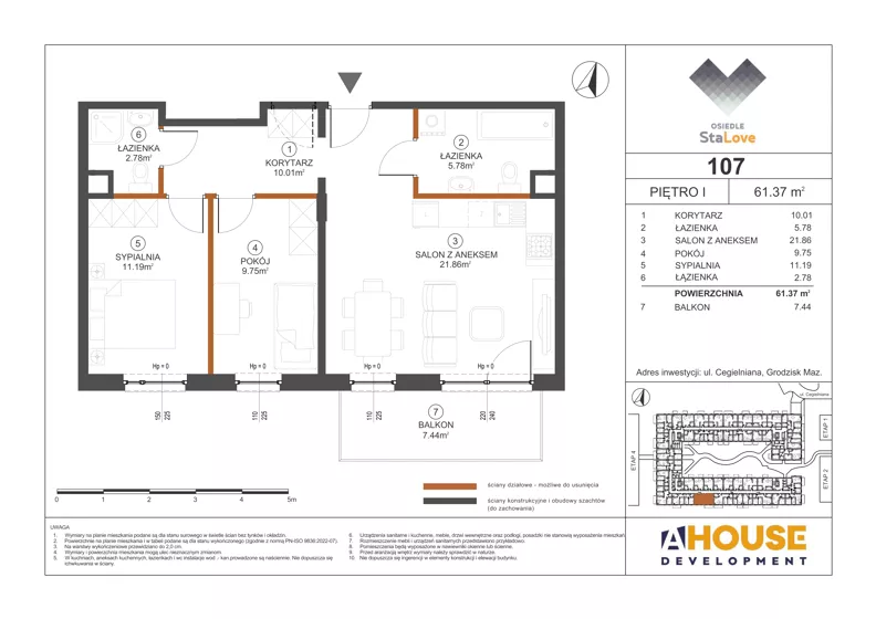 3 pokoje, mieszkanie 61,37 m², piętro 1, oferta nr M107, Osiedle StaLove Etap III, Grodzisk Mazowiecki, ul. Cegielniana 3