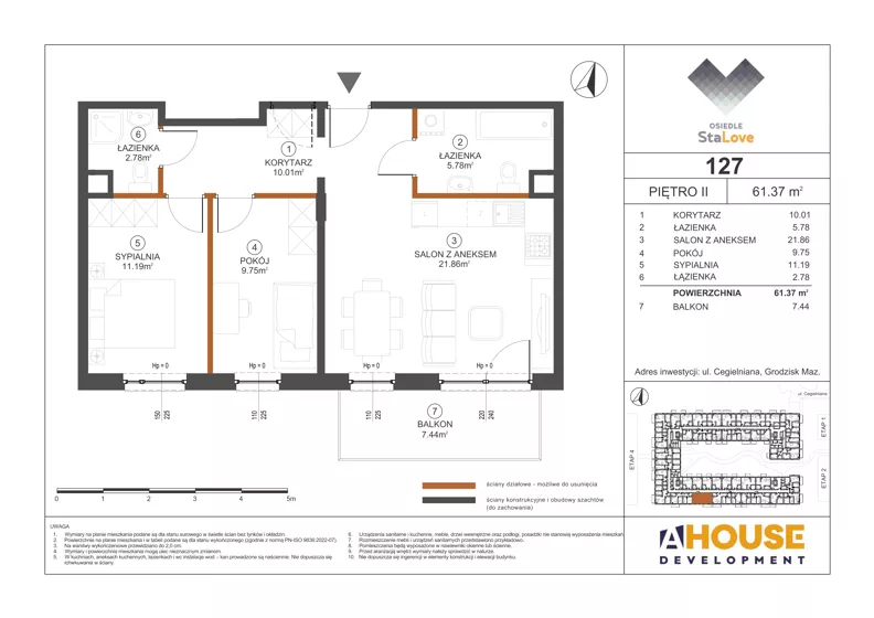 3 pokoje, mieszkanie 61,37 m², piętro 2, oferta nr M127, Osiedle StaLove Etap III, Grodzisk Mazowiecki, ul. Cegielniana 3