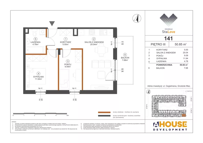 3 pokoje, mieszkanie 50,85 m², piętro 3, oferta nr M141, Osiedle StaLove Etap III, Grodzisk Mazowiecki, ul. Cegielniana 3