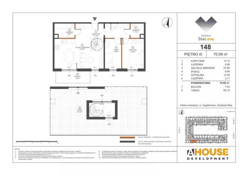3 pokoje, mieszkanie 70,99 m², piętro 3, oferta nr M148, Osiedle StaLove Etap III, Grodzisk Mazowiecki, ul. Cegielniana 3