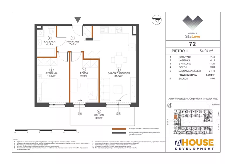 3 pokoje, mieszkanie 54,94 m², piętro 3, oferta nr M72, Osiedle StaLove Etap III, Grodzisk Mazowiecki, ul. Cegielniana 3
