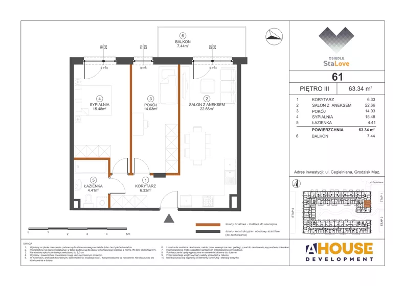 3 pokoje, mieszkanie 63,34 m², piętro 3, oferta nr M61, Osiedle StaLove Etap III, Grodzisk Mazowiecki, ul. Cegielniana 3