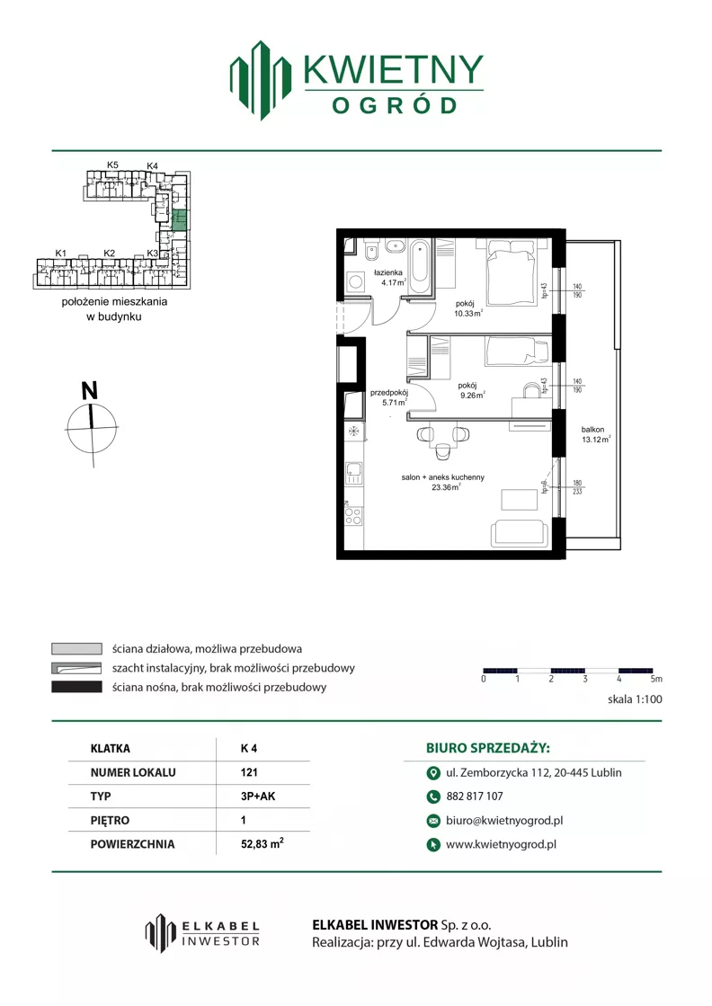 3 pokoje, apartament 52,83 m², piętro 1, oferta nr M121, Kwietny Ogród, Lublin, Czechów Północny, Czechów Północny, ul. Edwarda Wojtasa