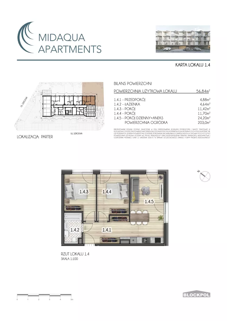 3 pokoje, apartament inwestycyjny 56,84 m², parter, oferta nr 1.4, MidAqua Apartments, Międzywodzie, ul. Szkolna