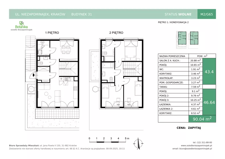 5 pokoi, mieszkanie 90,04 m², piętro 1, oferta nr B31-M2, Osiedle Niezapominajek, Kraków, Zwierzyniec, ul. Niezapominajek