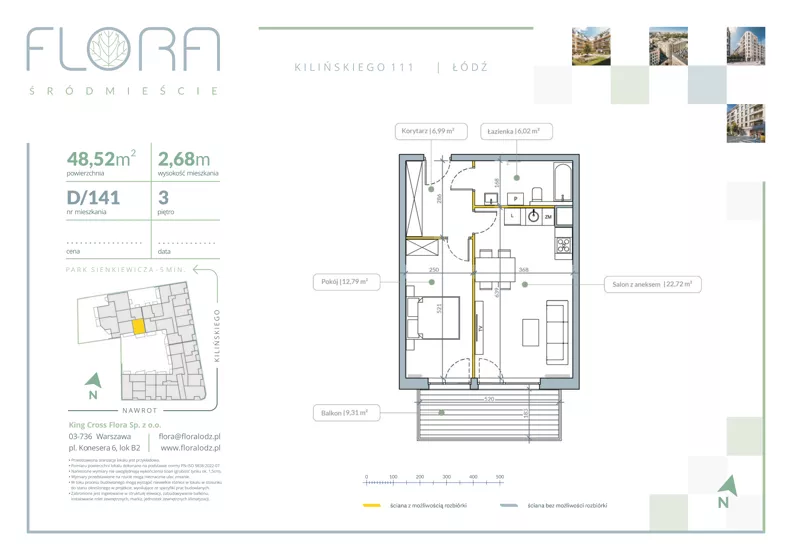 2 pokoje, mieszkanie 48,52 m², piętro 3, oferta nr 141, Flora Śródmieście, Łódź, Śródmieście, ul. płk. Jana Kilińskiego 111