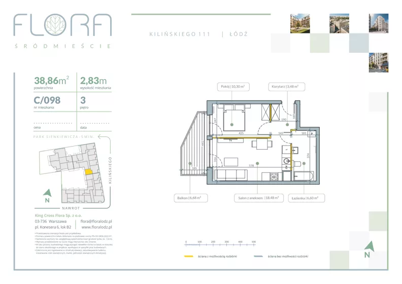 2 pokoje, mieszkanie 38,86 m², piętro 3, oferta nr 98, Flora Śródmieście, Łódź, Śródmieście, ul. płk. Jana Kilińskiego 111