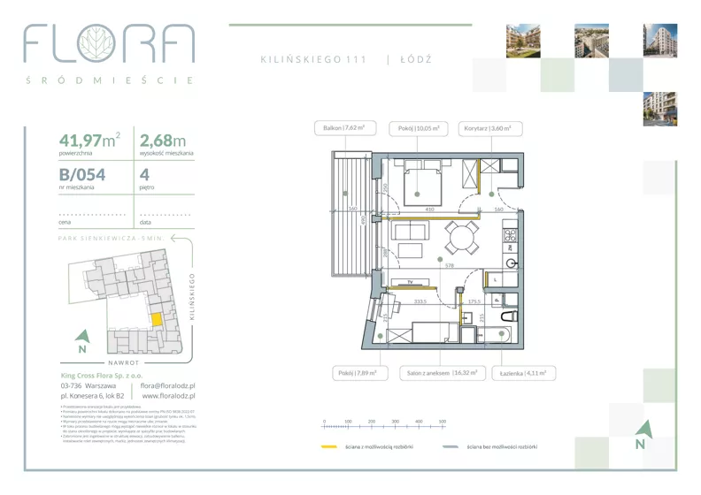 3 pokoje, mieszkanie 41,97 m², piętro 4, oferta nr 54, Flora Śródmieście, Łódź, Śródmieście, ul. płk. Jana Kilińskiego 111