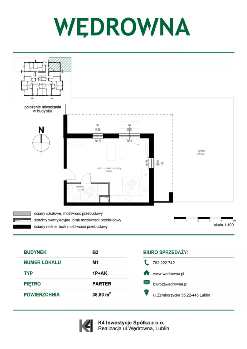 1 pokój, mieszkanie 36,83 m², parter, oferta nr M1, Osiedle Wędrowna bud. B2, Lublin, Sławin, ul. Wędrowna