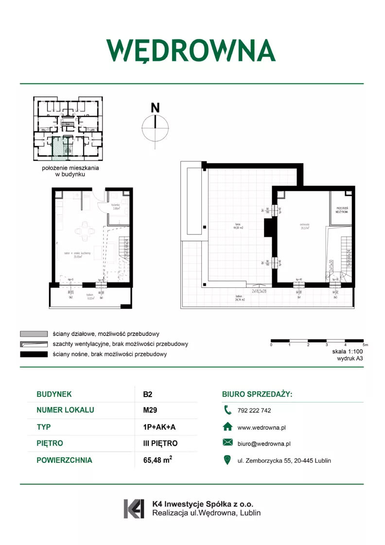 1 pokój, mieszkanie 65,48 m², piętro 3, oferta nr M29, Osiedle Wędrowna bud. B2, Lublin, Sławin, ul. Wędrowna