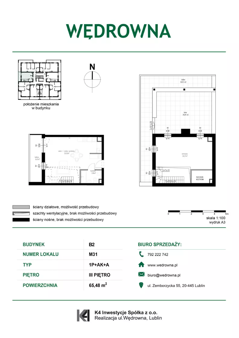 1 pokój, mieszkanie 65,48 m², piętro 3, oferta nr M31, Osiedle Wędrowna bud. B2, Lublin, Sławin, ul. Wędrowna