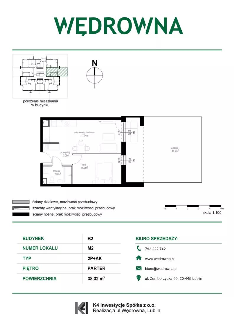 2 pokoje, mieszkanie 38,32 m², parter, oferta nr M2, Osiedle Wędrowna bud. B2, Lublin, Sławin, ul. Wędrowna